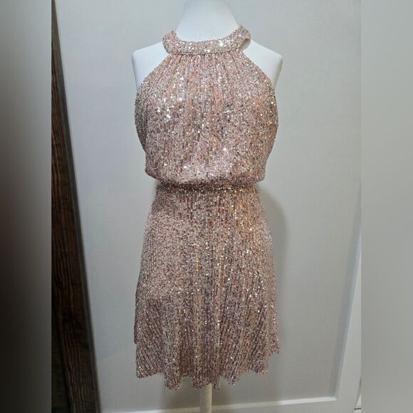 Love Nickie Lew Sequin Mock Neck Cocktail Dress NWOT size Small Rose Gold - Picture 1 of 3